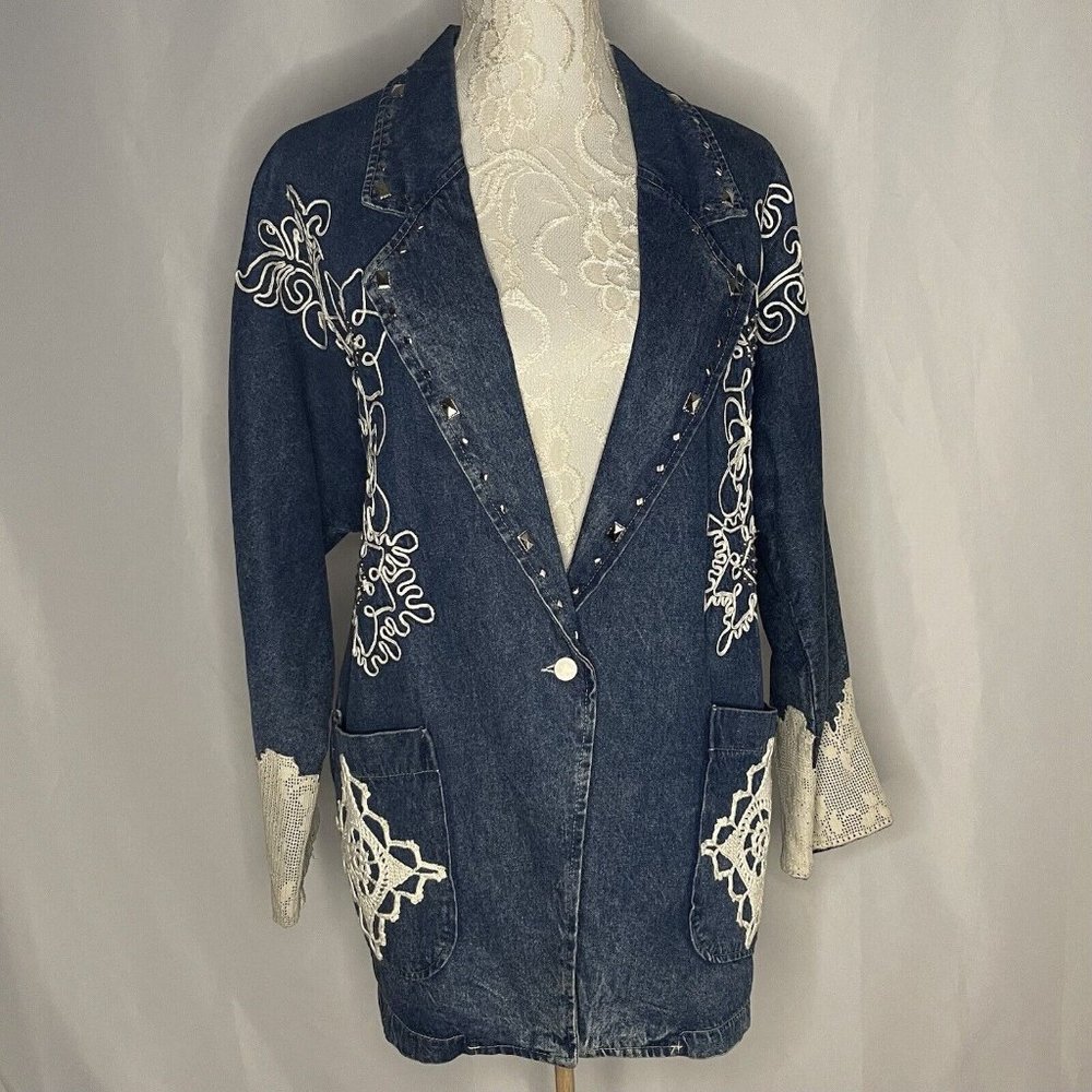 Vtg Pago California Sz L USA Made Denim Cotton Blazer Jacket Metal Studs Doily’s